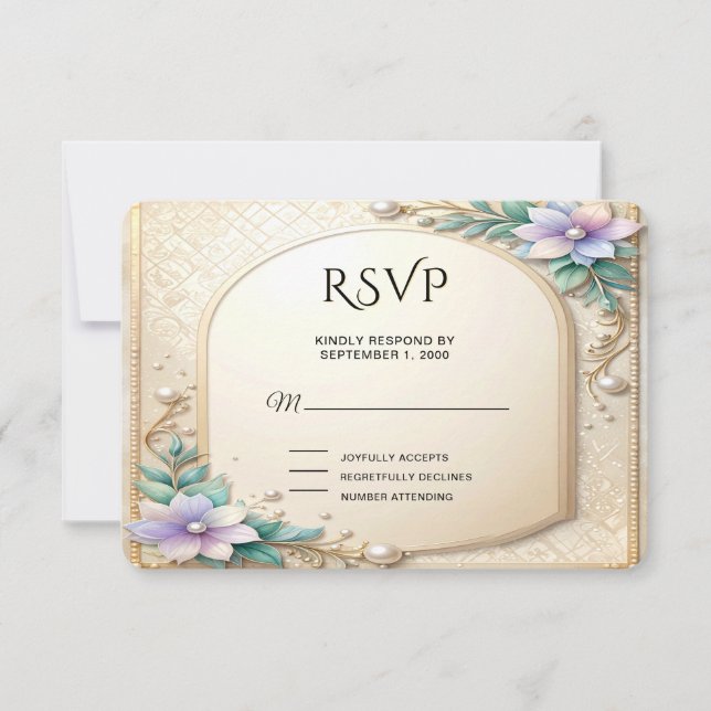 Decorative Floral Frame with Pearls RSVP Card Karte (Vorderseite)