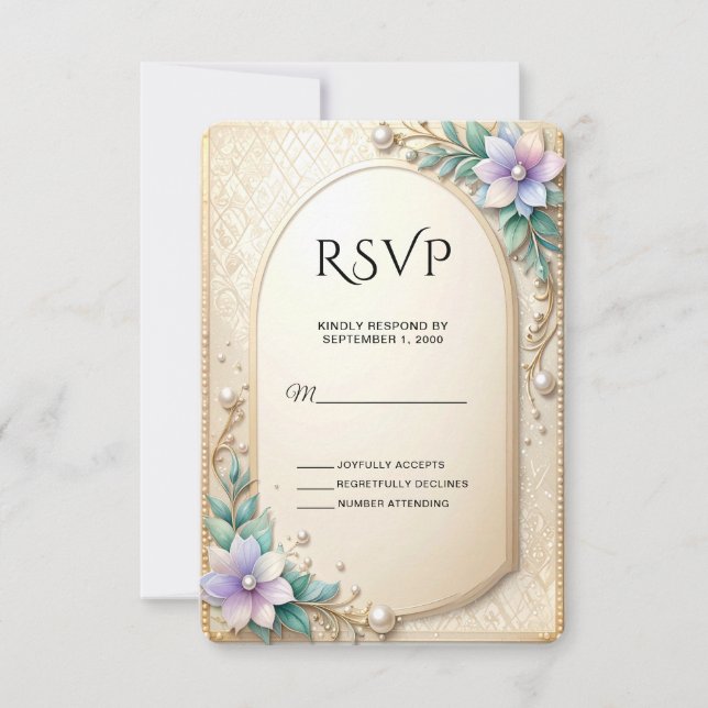Decorative Floral Frame with Pearls RSVP Card Karte (Vorderseite)