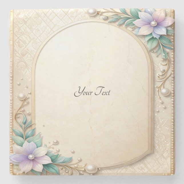 Decorative Floral Frame with Pearls Stone Coaster Steinuntersetzer (Vorderseite)
