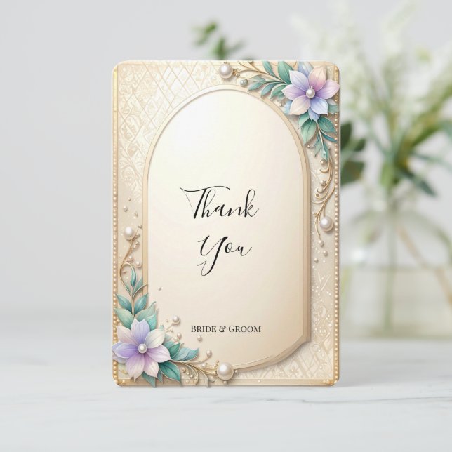 Decorative Floral Frame with Pearls Thank You Card Dankeskarte (Stehend Vorderseite)