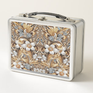 Decorative Gold White Floral Metal Lunchbox