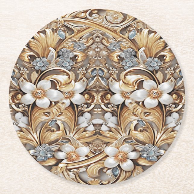 Decorative Gold White Floral Paper Untersetzer (Vorderseite)