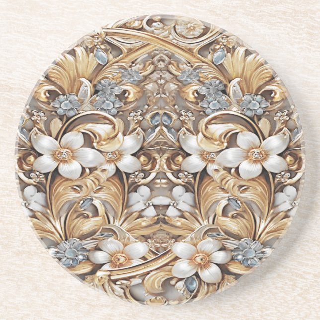 Decorative Gold White Floral Sandstone Untersetzer (Vorne)