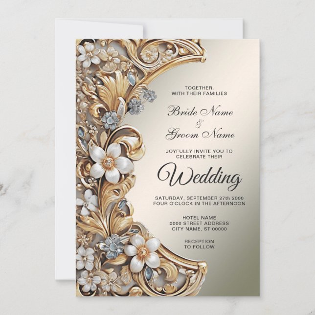 Decorative Gold White Floral Wedding Einladung (Vorderseite)