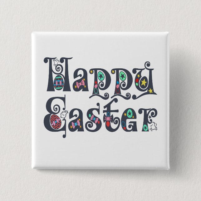 Decorative Happy Easter Typography Pin Button | (Vorderseite)