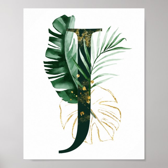 Decorative Letter J with tropical leaves Poster (Vorne)