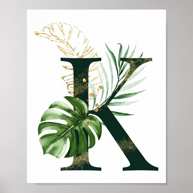 Decorative Letter K with tropical leaves Poster (Vorne)
