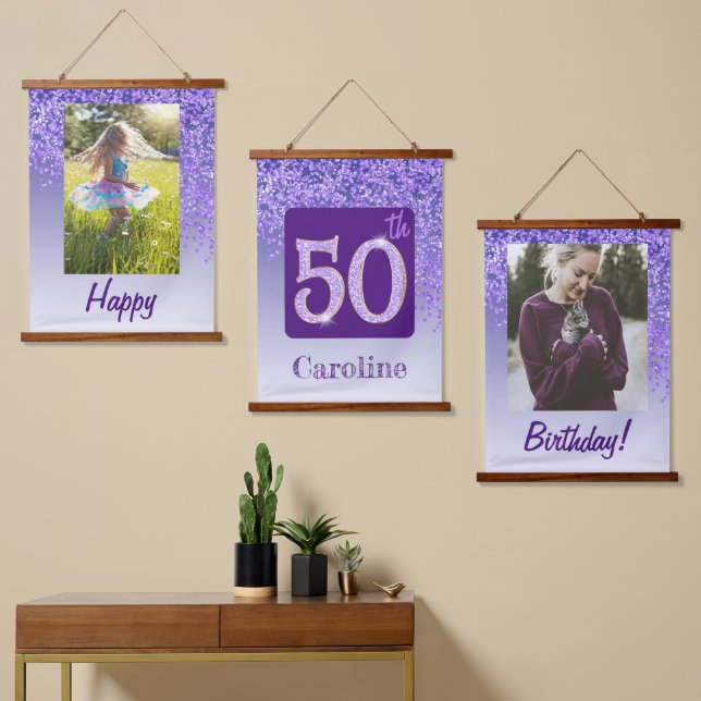 Decorative Purple Glitter 2 Photos 50th Birthday Wandteppich Mit Holzrahmen (Asymmetrisch)