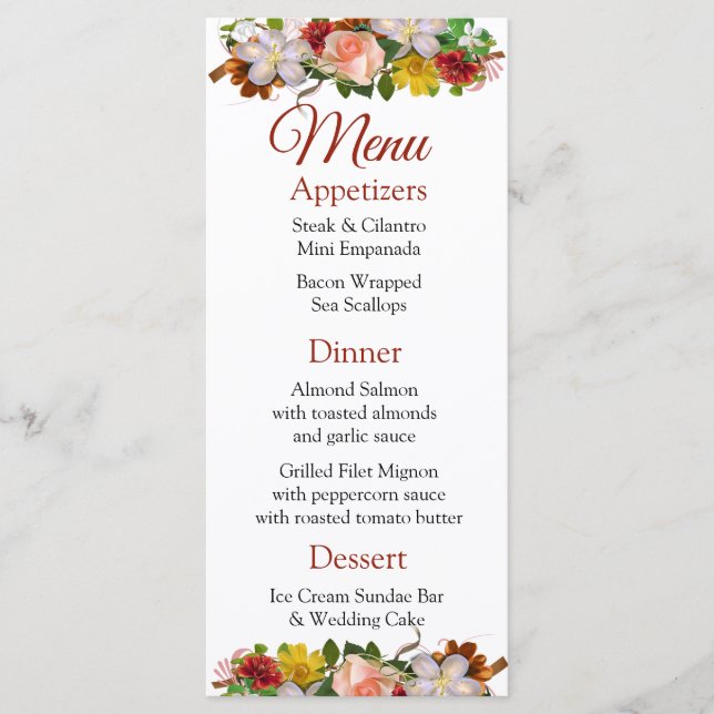 Decorative Rose Gold Bouquet Wedding Menu Card Menükarte (Vorderseite)