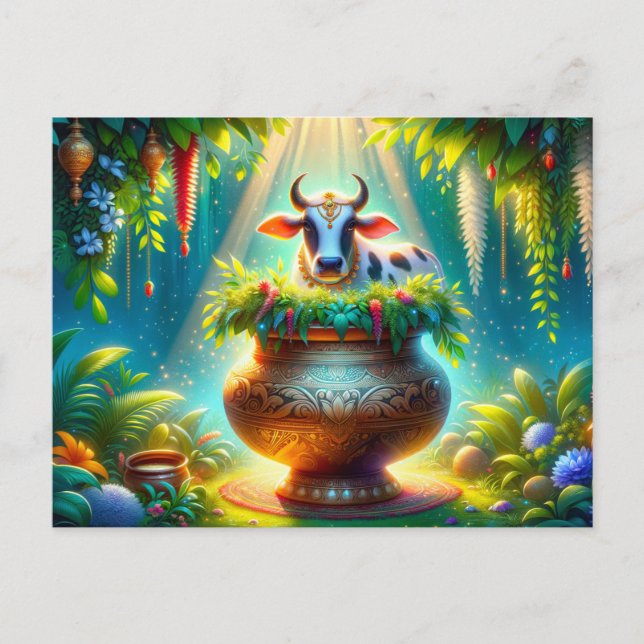 Decorierte Kuh in Pongal Pot Postkarte (Vorderseite)