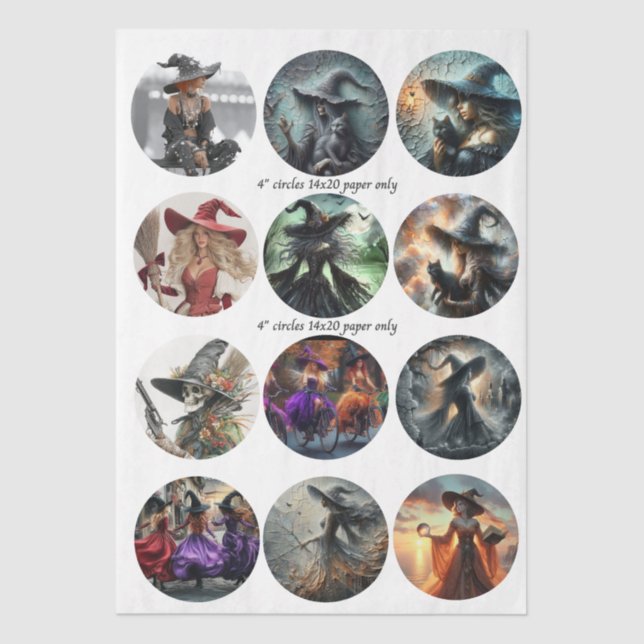 Decoupage 12 Witch Coaster Set 4" Circle Designs  Seidenpapier (Vorderseite)