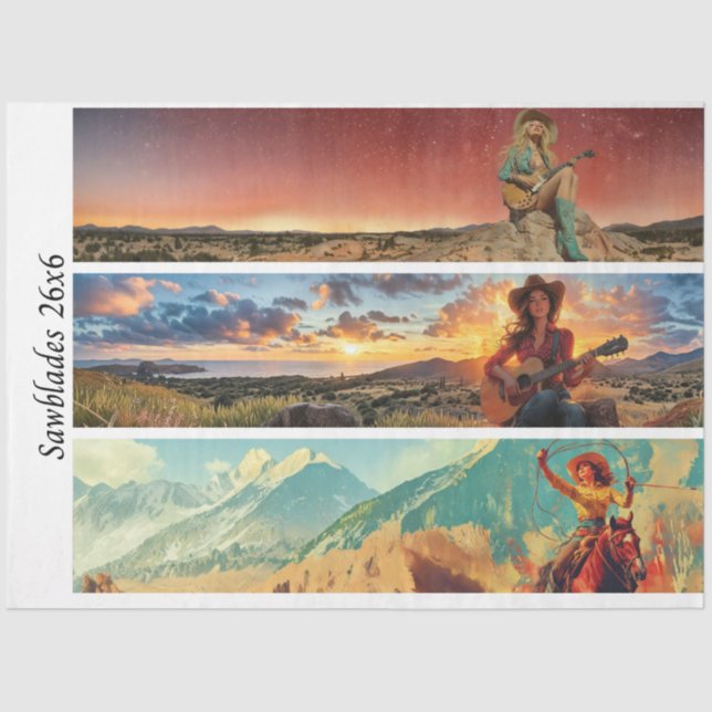 Decoupage 26x6" Cowgirl Western Designs Handsaws Seidenpapier (Vorderseite)