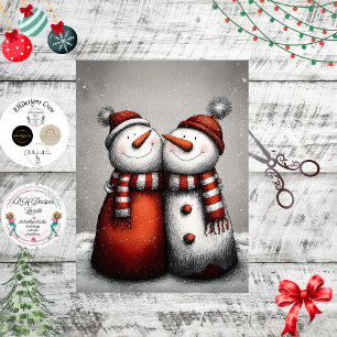 Decoupage 2 Schneemänner rote gestreifte Schals Wi Seidenpapier
