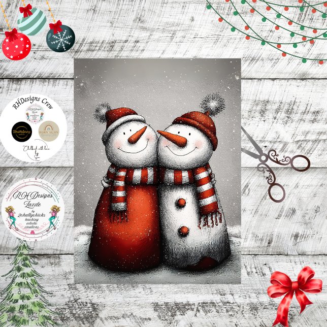 Decoupage 2 Schneemänner rote gestreifte Schals Wi Seidenpapier (Von Creator hochgeladen)