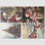Decoupage 4 Christmas Vintag Designs Seidenpapier<br><div class="desc">Oben Links: Ein wunderschön dekorierter Weihnachtsbaum mit Rot- und Goldverzierungen, überragt mit einem Stern, Set vor einem schneebedeckten Hintergrund. Oben rechts: Eine Person, die als Weihnachtsmann verkleidet ist und ein Schild aus Holz mit einem rechteckigen, braunen Gesicht trägt. Unten Links: Eine rustikale rote Scheune in einer schneebedeckten Landschaft, mit einem...</div>