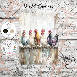 Decoupage 5 Chickens on a Fence 18x24 Canvas Seidenpapier