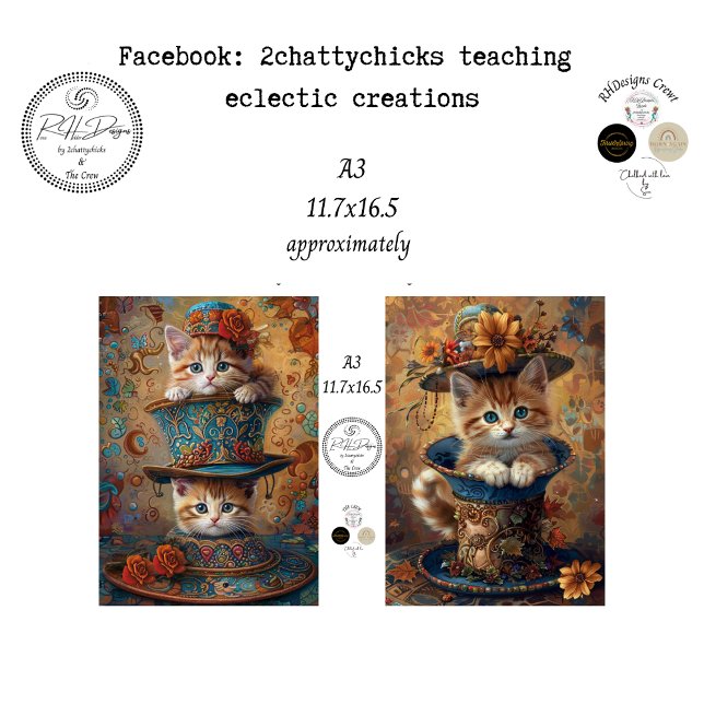 Decoupage A3 Whimsical Cat in Hats  Seidenpapier (Von Creator hochgeladen)