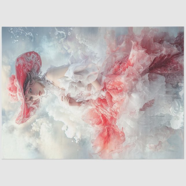 Decoupage Beautiful Frau Red White Cloud Kleid Seidenpapier (Vorderseite)