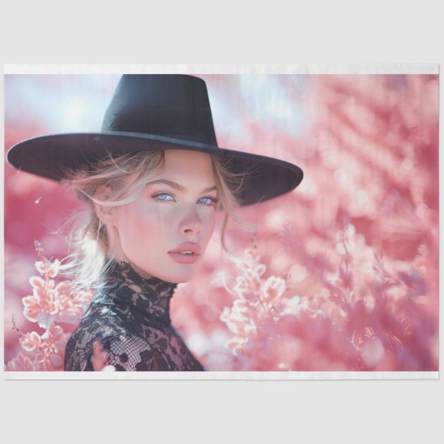 Decoupage Beautiful Lady Black Riding Hat Seidenpapier (Vorderseite)