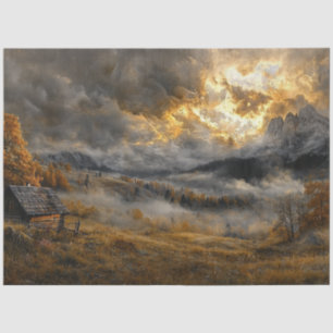 Decoupage Berghütte bei Sonnenuntergang Seidenpapier