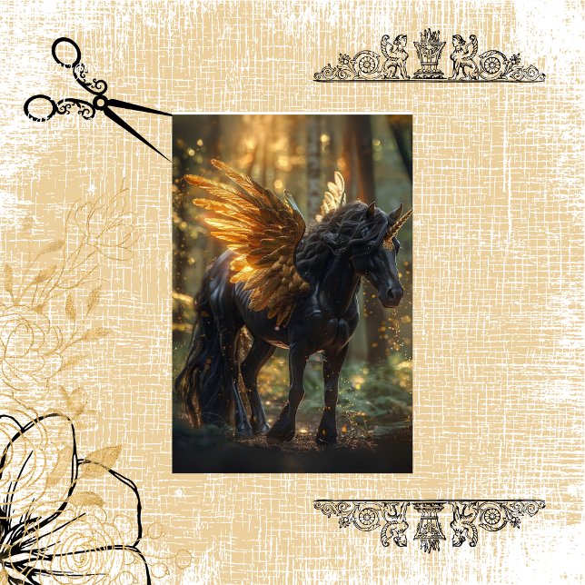 Decoupage Black Unicorn Golden Wings Forest Seidenpapier (Von Creator hochgeladen)