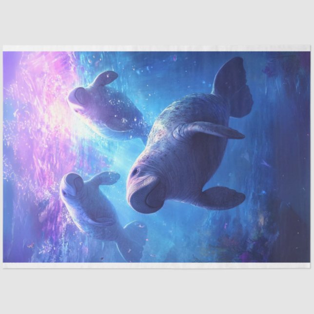Decoupage Blue Caribbean Waters Manatee Family Seidenpapier (Vorderseite)