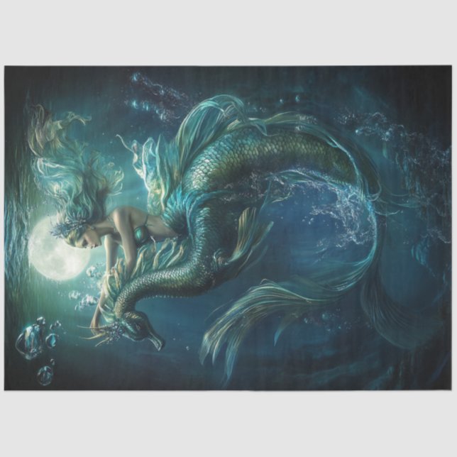 Decoupage Blue Mermaid auf Sea Dragon Bubbles Seidenpapier (Vorderseite)