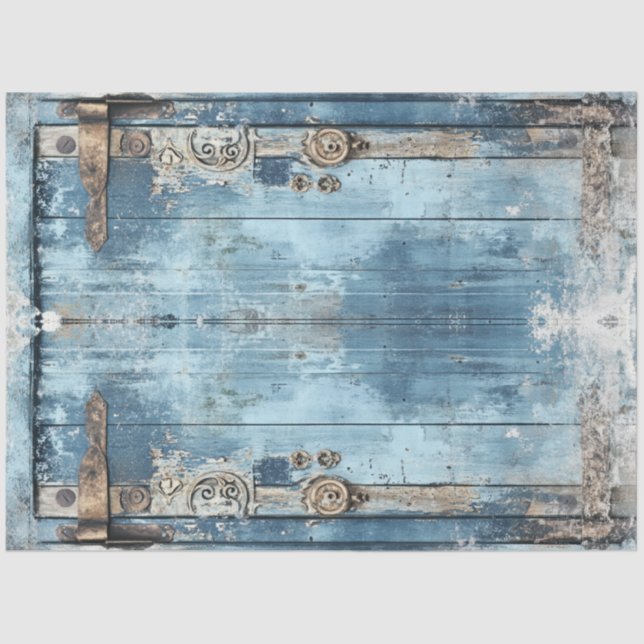 Decoupage Blue Weathered Gate Iron Scrollwork Seidenpapier (Vorderseite)
