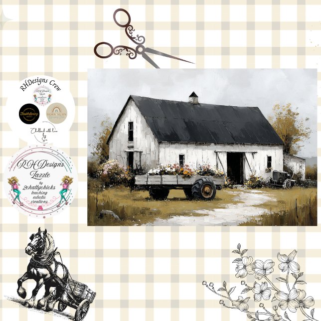 Decoupage Blumenwagen und Weiße Scheune  Seidenpapier (Von Creator hochgeladen)