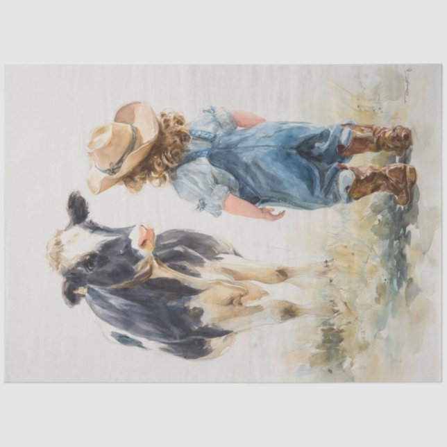 Decoupage Cow & Lil Girl Talk in Field Seidenpapier (Vorderseite)