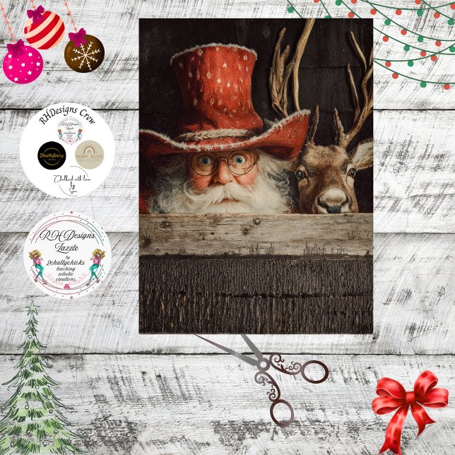 Decoupage Cowboy Santa & Rudolph Peeking  Seidenpapier (Von Creator hochgeladen)