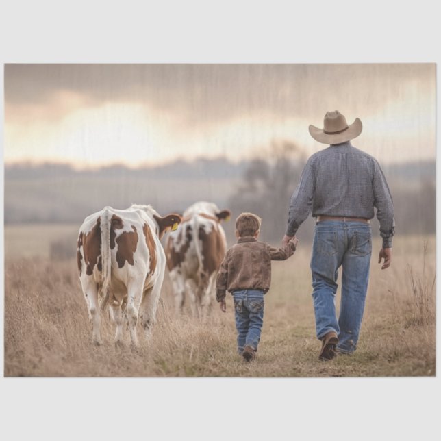 Decoupage Cowboy & Son Hand in Hand mit Rindern Seidenpapier (Vorderseite)