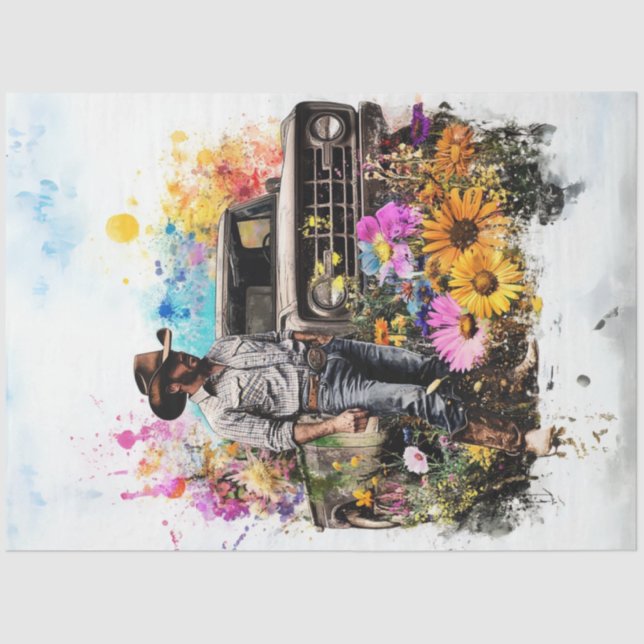 Decoupage Cowboy Yellow Truck Field Blume Seidenpapier (Vorderseite)