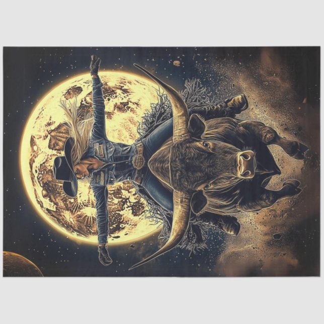 Decoupage Cowgirl Reitbulle auf dem Mond Hintergru Seidenpapier (Vorderseite)