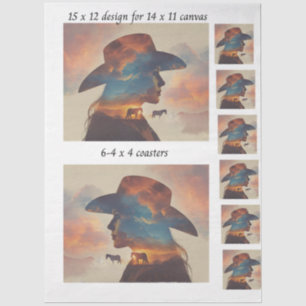 Decoupage-Cowgirl-Silhouette 11x14 Leinwand-Unters Seidenpapier