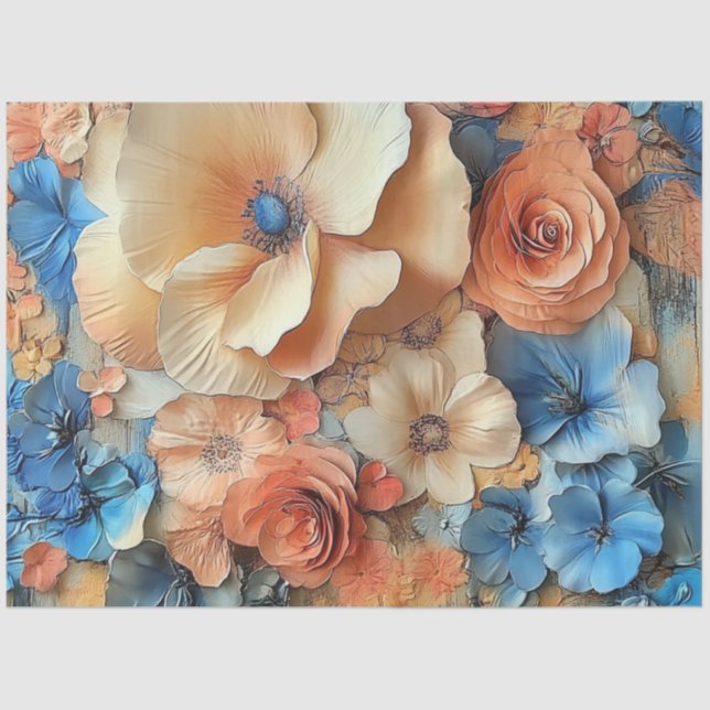 Decoupage Elegante Pastel Blume Blue Peach Cream Seidenpapier (Vorderseite)
