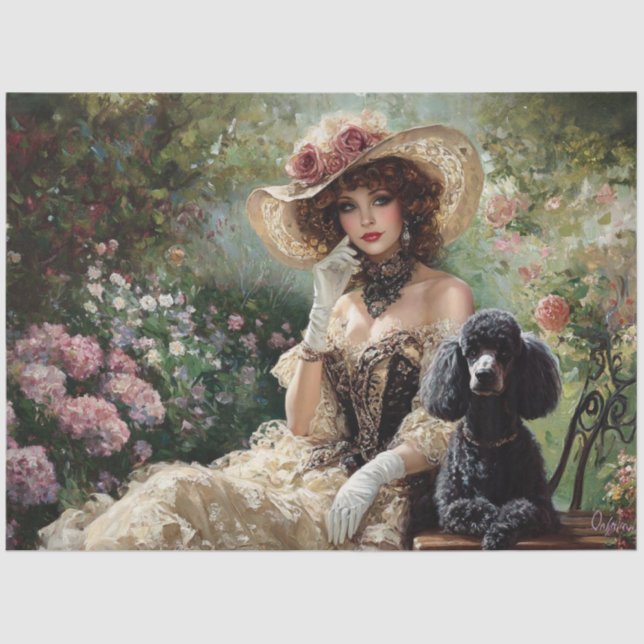 Decoupage Elegante Vintag Lady Garden Black Poodle Seidenpapier (Vorderseite)
