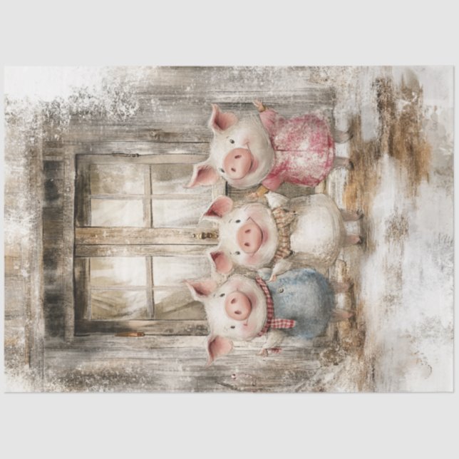 Decoupage Fairy Tale Whimsical Kleine Schweine Seidenpapier (Vorderseite)
