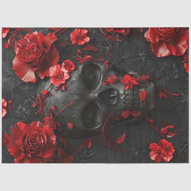 Decoupage Gothic Black Marble Skelett-Rote Rosen Seidenpapier (Vorderseite)