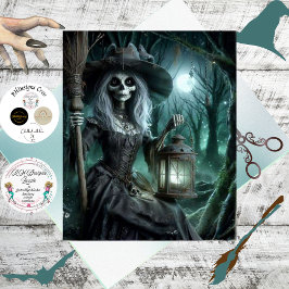 Decoupage Gothic Skeletal Witch in Forest Seidenpapier