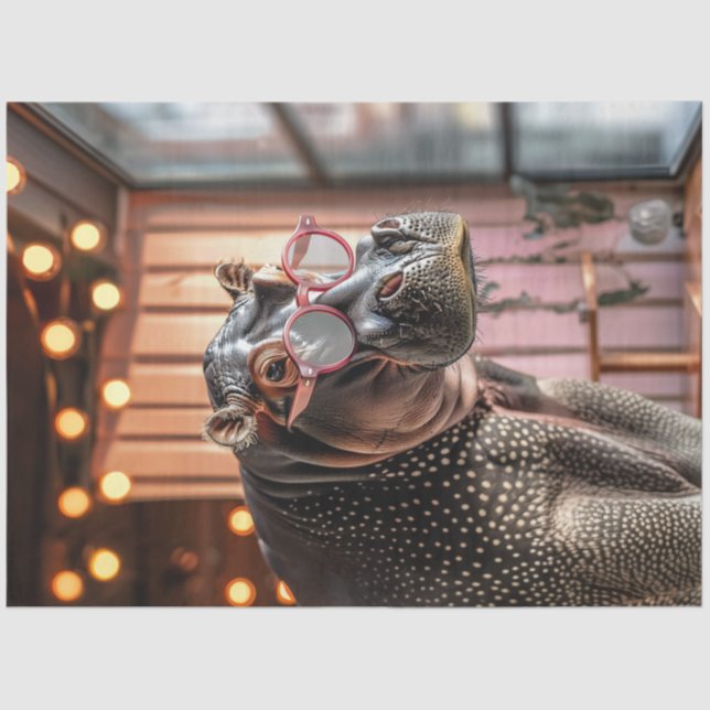 Decoupage Gray Hippo mit großer rosa Brille Seidenpapier (Vorderseite)