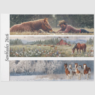 Decoupage Handsaw Design Cowboy, Red Barn, Horses Seidenpapier