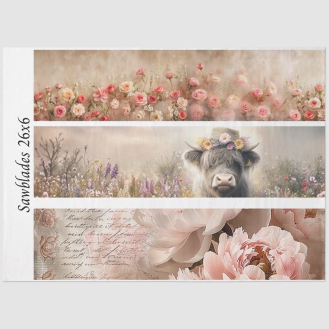 Decoupage Handsaw Design Rose, Peony, Cow Seidenpapier (Vorderseite)