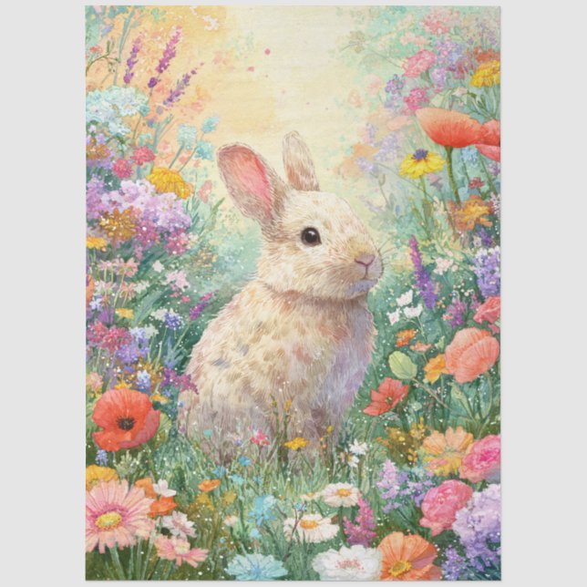Decoupage-Hase in den Wildblumen Seidenpapier (Vorderseite)