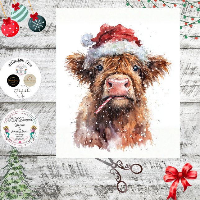 Decoupage Highland Calf Santa Hat Candy Cane Snow  Seidenpapier (Von Creator hochgeladen)