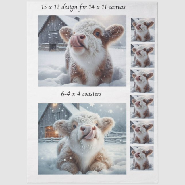 Decoupage Highland Calf Snow 11x14 Canvas Coasters Seidenpapier (Vorderseite)
