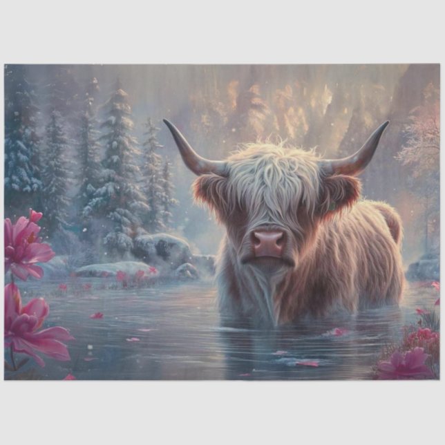 Decoupage Highland Cow in Pond Pink Blume Seidenpapier (Vorderseite)