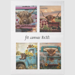 Decoupage Highland Cow Truck 8 x 10 Leinwand Seidenpapier