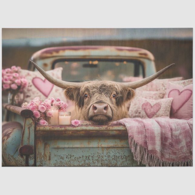 Decoupage Highland Cow Vintage Truck Valentine Seidenpapier (Vorderseite)