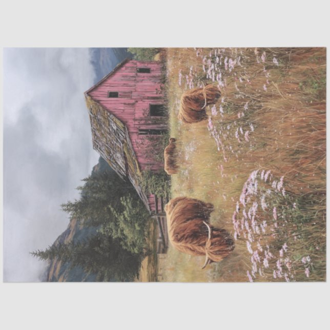 Decoupage Highland Cows Lush Fields Pink Stall Seidenpapier (Vorderseite)